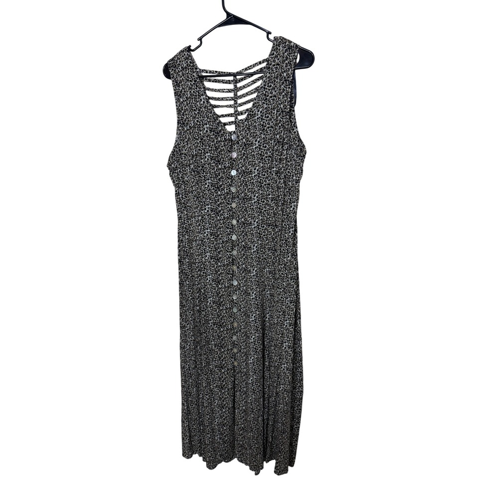 JBS LTD Leopard Print Maxi Dress V Neck Strappy Back Button Front Size 18